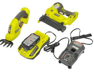 Ryobi ONE+ 18V Tool Lot: P320 AirStrike Brad Nailer, P2900VNM Shear, Chargers, Battery