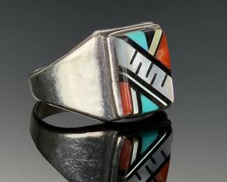 Southwest Native American Multi-Stone Inlay Silver Ring Signed ECK