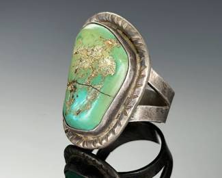 Antique Navajo Sterling Silver & Turquoise Ring, Large Cabochon, Size 9.75