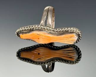 Vintage Southwest Style Turtle Ring & Orange Ribbed Stone Ring Lot, Signed RJ