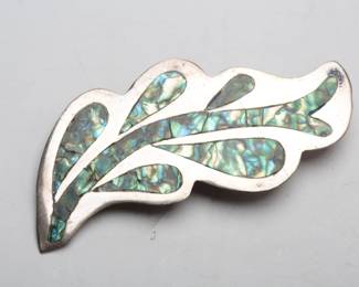 Vintage Mexican Sterling Silver Abalone Inlay Leaf Brooch Pin 925
