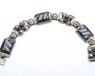 Vintage Mexican Sterling Silver Rancho Alegre RJA Obsidian Link Bracelet 925