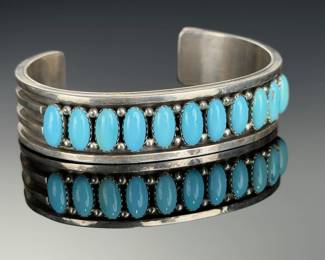 Native American Navajo Paul Livingston Sterling Silver Turquoise Cuff Bracelet