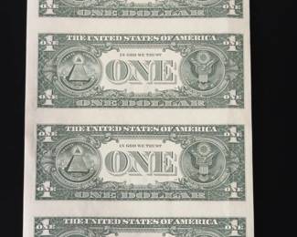 1988 Uncut One Dollar Bill Sheet (4 Notes) - US Federal Reserve Currency