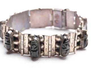 Vintage Mexican Sterling Silver OBSIDIAN Carved Face Hinged Bracelet 40g