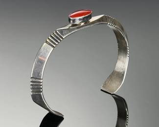 Navajo Paul Livingston Sterling Silver Coral Cuff Bracelet Native American