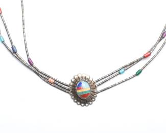 Sterling Liquid Silver 3-Strand Necklace, Native American Multi-Stone Inlay