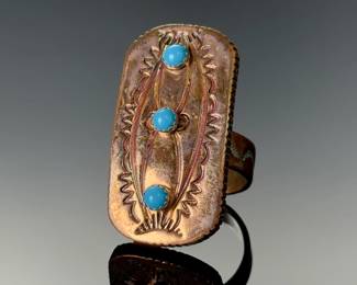 Native American Running Bear Turquoise Sterling Silver Copper Plated Ring Sz 8.25