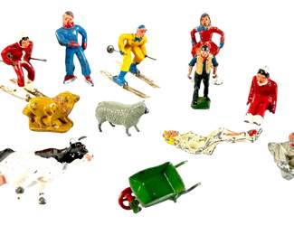 Vintage Britains Style Lead Toy Figures Lot Skiers, Farm Animals