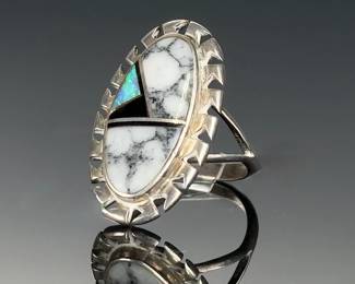 Navajo Dine Sterling Silver White Buffalo Turquoise Inlay Ring Sz 6.25 Signed F