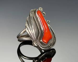 Vintage Native American Silver Coral Ring Size 5.5