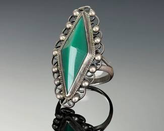 Vintage Mexican Sterling Silver Pyramid Cut Green Chalcedony Ring