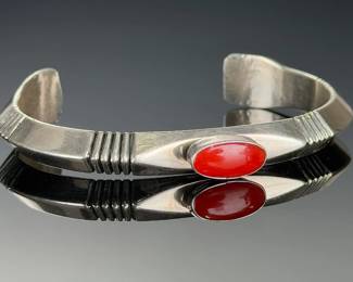 Navajo Paul Livingston Sterling Silver Coral Cuff Bracelet Native American