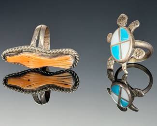 Vintage Southwest Style Turtle Ring & Orange Ribbed Stone Ring Lot, Signed RJ