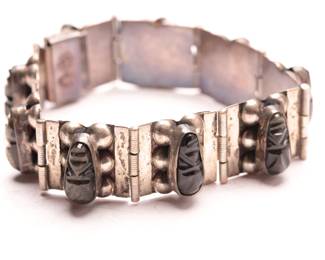 Vintage Mexican Sterling Silver Obsidian Carved Face Hinged Bracelet 40g
