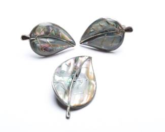 Vintage Mexican Sterling Silver Abalone Leaf Brooch Pin & Clip-on Earrings Set