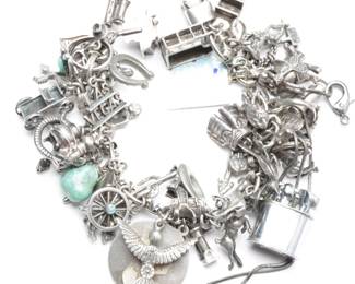 Heavy Vintage Charm Bracelet: Mixed Sterling & Metal Charms, Travel & Novelty