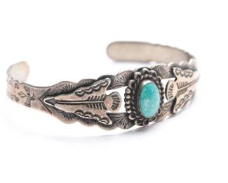 Vintage Southwest Sterling Silver Turquoise Arrow Cuff Bracelet Signed Silver Arrow