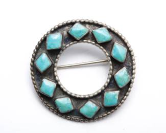 Vintage Southwest Turquoise Silver Brooch Pin 6.4g Unmarked