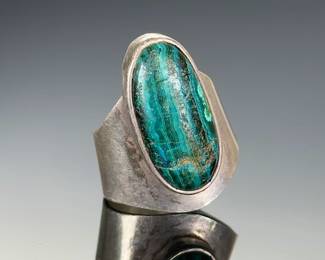 Vintage Mexican Sterling Silver Malachite Adjustable Ring A15 Mexico