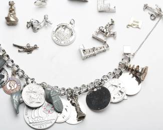 Vintage Sterling & Silver Charm Bracelet Lot w/ Unattached Charms, 110.3g