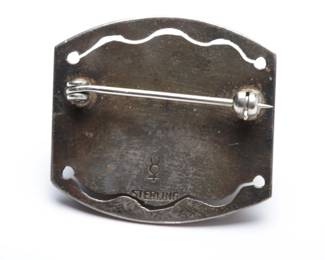 Vintage Mexican Sterling Silver Mottled Green Cabochon Brooch Pin Taxco Style