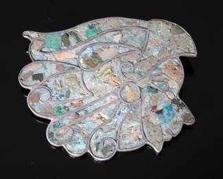 Vintage Mexican Sterling Silver Crushed Stone Inlay Brooch Pin Aztec Motif