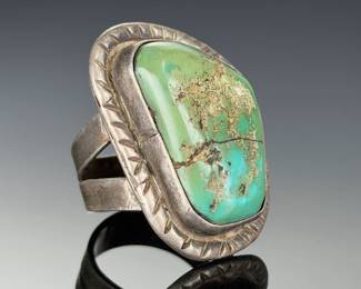 Antique Navajo Sterling Silver & Turquoise Ring, Large Cabochon, Size 9.75