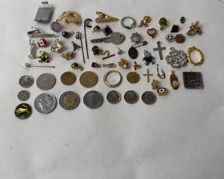 Large Lot 58 Pcs Costume Jewelry Pendants Pins Coins Mixed Assortment