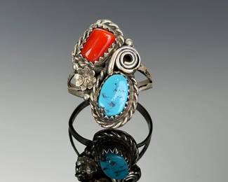 Navajo Native American Silver Turquoise Coral Ring Vintage Estate Unsigned