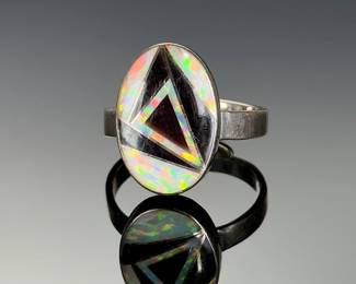 Sterling Silver Multi-Stone Inlay Adjustable Ring Opal Onyx Southwestern Style