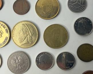 40 Pc World Foreign Currency Coin Lot w/ Casino Tokens & Medallions