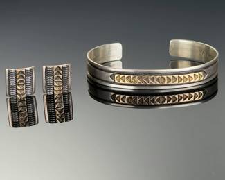 Navajo Jimmy Secatero Michael M. Rogers 14K Gold Sterling Cuff Bracelet Earrings Set