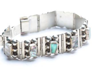 Vintage Mexican Sterling Silver Abalone Hinged Bracelet - Hecho En Mexico