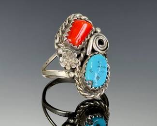 Navajo Native American Silver Turquoise Coral Ring Vintage Estate Unsigned