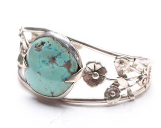 Signed Carolyn Pollack Sterling Silver Turquoise Floral Cuff Bracelet