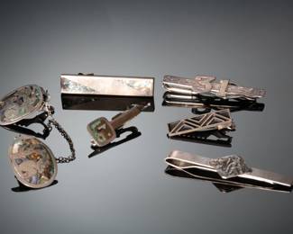 Vintage Sterling Silver Tie Bar & Money Clip Lot (7 Pcs) - Mexican Abalone & Cultural Designs