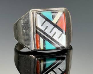 Southwest Native American Multi-Stone Inlay Silver Ring Signed ECK