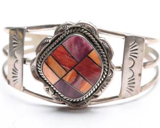 Native American Sterling Silver Spiny Oyster Inlay Cuff Bracelet Signed LT