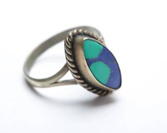 Vintage Native American Sterling Silver Lapis & Turquoise Inlay Ring - Size 8.25