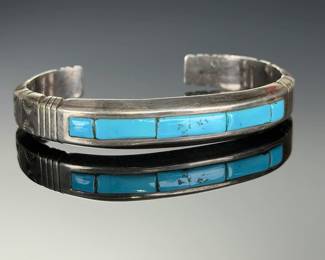 Navajo Sterling Silver Turquoise Channel Inlay Cuff Bracelet Augustine Largo