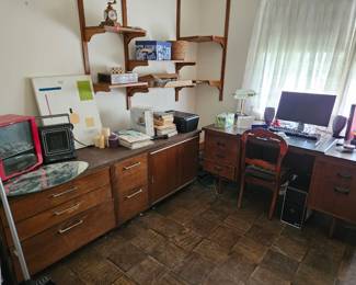 Office desk, credenza, accessories, PC and printer, (items sold separately).