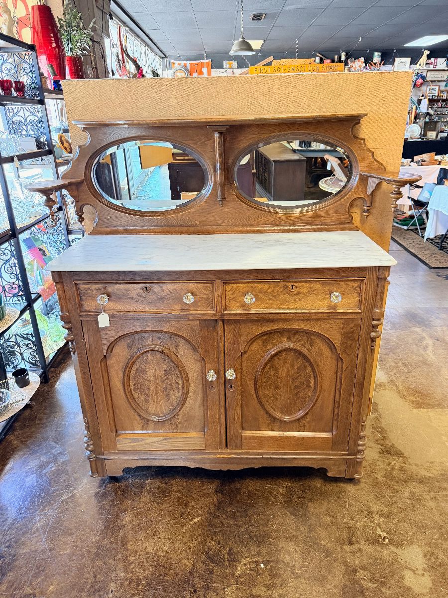 ANTIQUE Tiger Oak Buffet with Marble Top