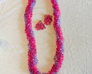 c.1960's Pink and Purple Resin Disks on threaded strands with matching clip earrings