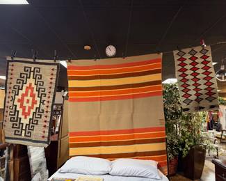 Rare and Unique Handmade Antiique NAVAJO Blanket and Rugs. The orange, yellow, and tan wool blanket represent the GRAND CANYON sunsets, and it's labeled and made in the c.1950's by PENDLETON WOOLEN MILLS