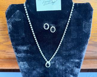 c.1950's Faceted Black and Clear Rhinestone Necklace with Matching Pierced Earrings