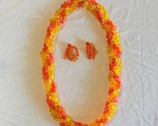 c.1960's Yellow and Orange  Resin Disks on threaded strands with matching pierced earrings