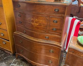 c.1920's Federal Bowed Front Chest of Drawers, Dresser with Mirror, and Nightstand, all with glass tops