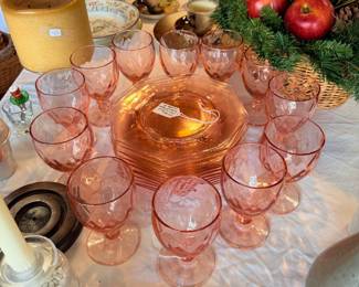 HEISEY Flamingo Pink 12 Plates and Glasses 