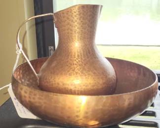 Hammered Copper Pitcher and Bowl